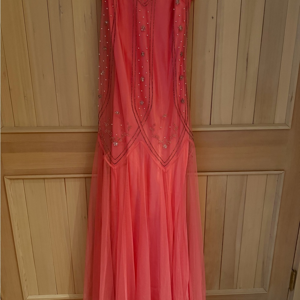 Dave & Johnny Coral Beaded Prom Gown